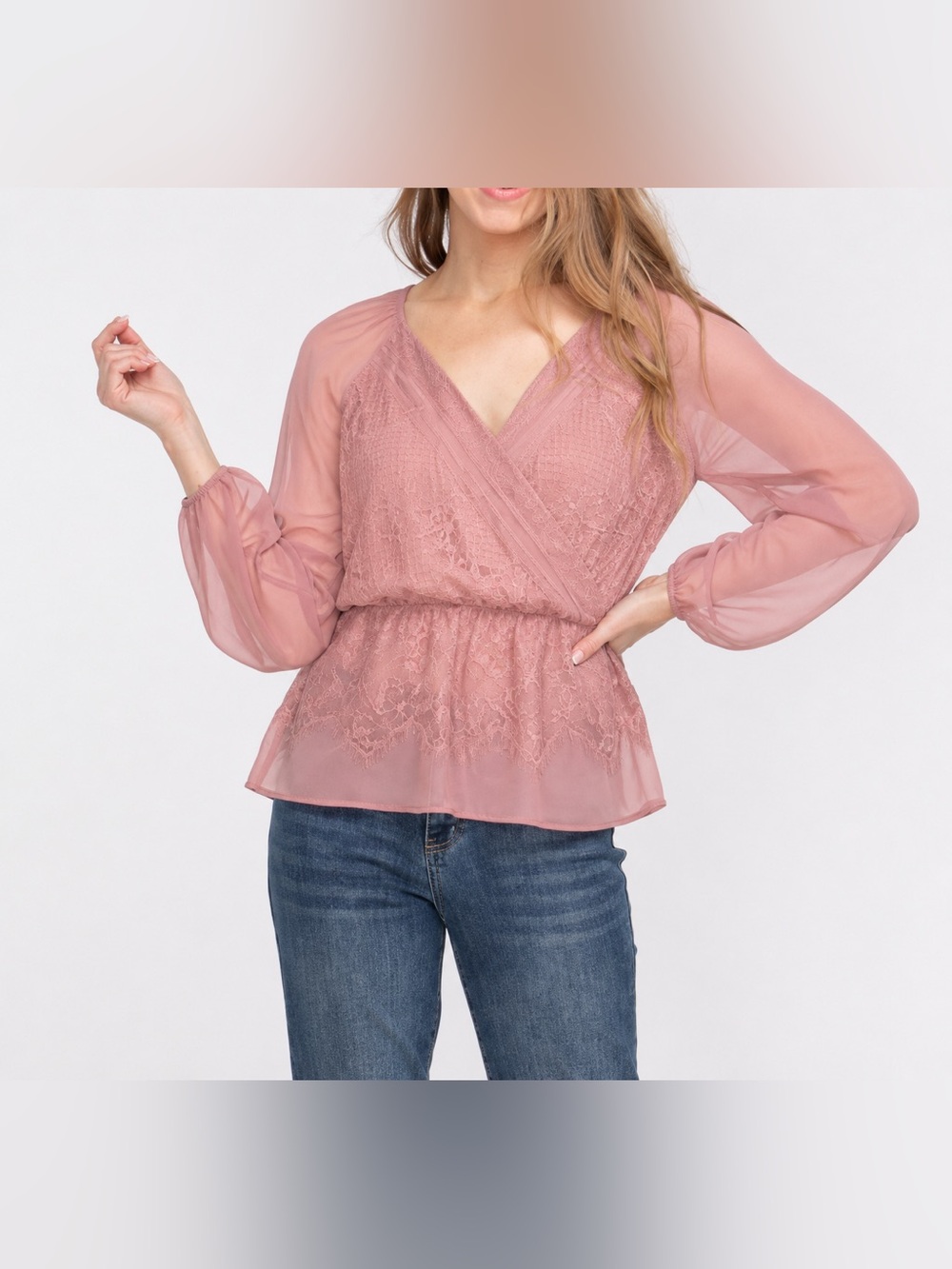 CLEO soft pink Chiffon Lace Peplum Blouse size medium